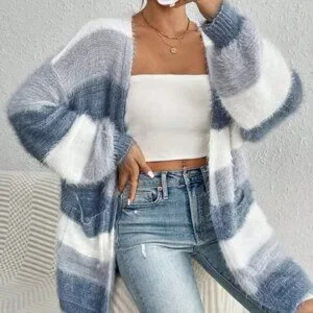 Multicolor Casual Women's Drop Shoulder Open Front Fluffy Knit Duster Cardigan